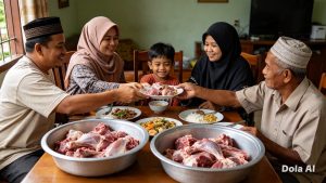 Pembagian daging aqiqah sesuai sunnah: satu bagian untuk keluarga, satu bagian untuk fakir miskin, dan satu bagian untuk hadiah kerabat serta tetangga.