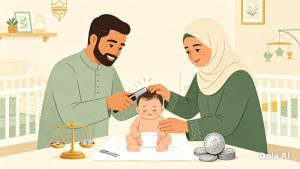 menggundul rambut bayi saat aqiqah, kemudin menimbangnya dan bersedekah senilai berat rambut yang dikonversikan ke perak